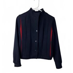 Vintage ‘80s ‘90s Navy Wool Bomber Jacket w/ Red Detail -